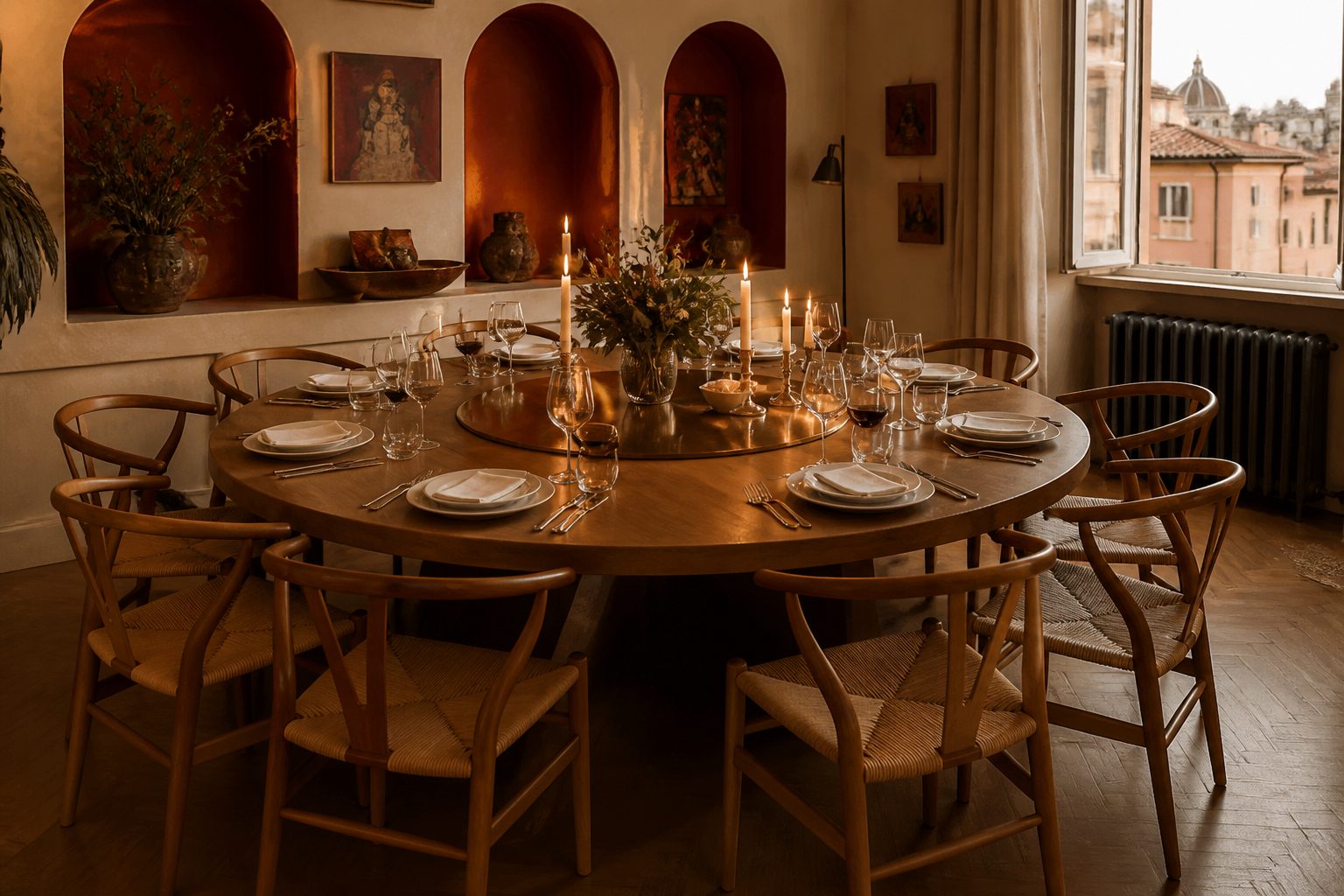 Round oak dining table chairs Italy
